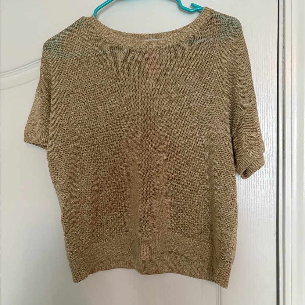 Loft Tan Short Sleeves Cropped Metallic Gold Sweater